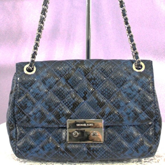 Michael Kors Quilted Snake-Embossed Shoulder Bag Blue Black Chain Strap NWOT - Picture 1 of 14